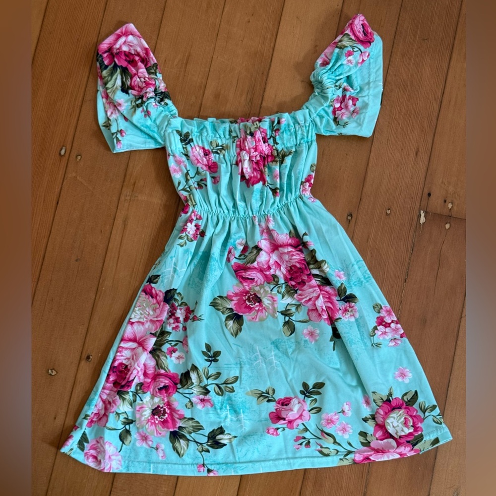 Kids Posh Peanuts Aqua and Pink Floral Off-Shoulder Dress - Picture 5 of 8